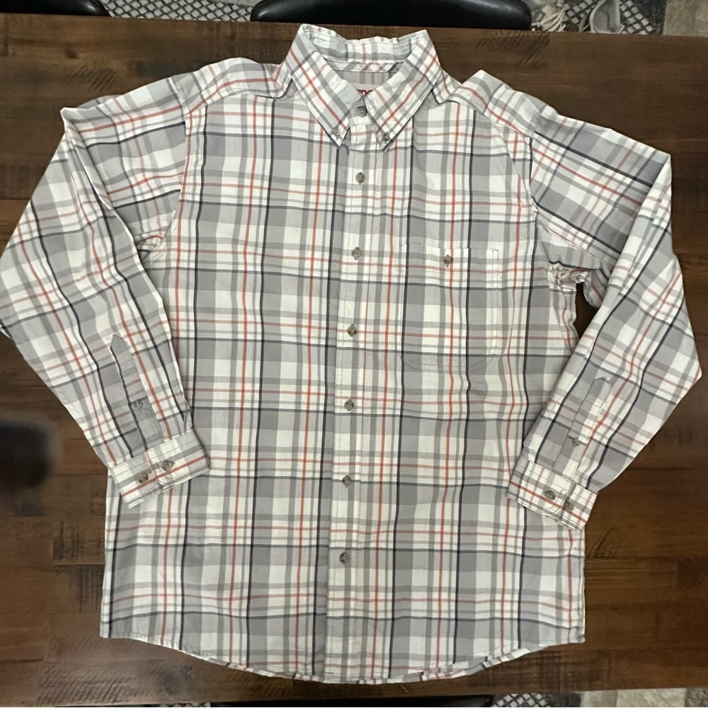 Wrangler‎ Rugged Wear Shirt Mens Ivory Gray  Red Plaid Long Sleeve Cotton XL